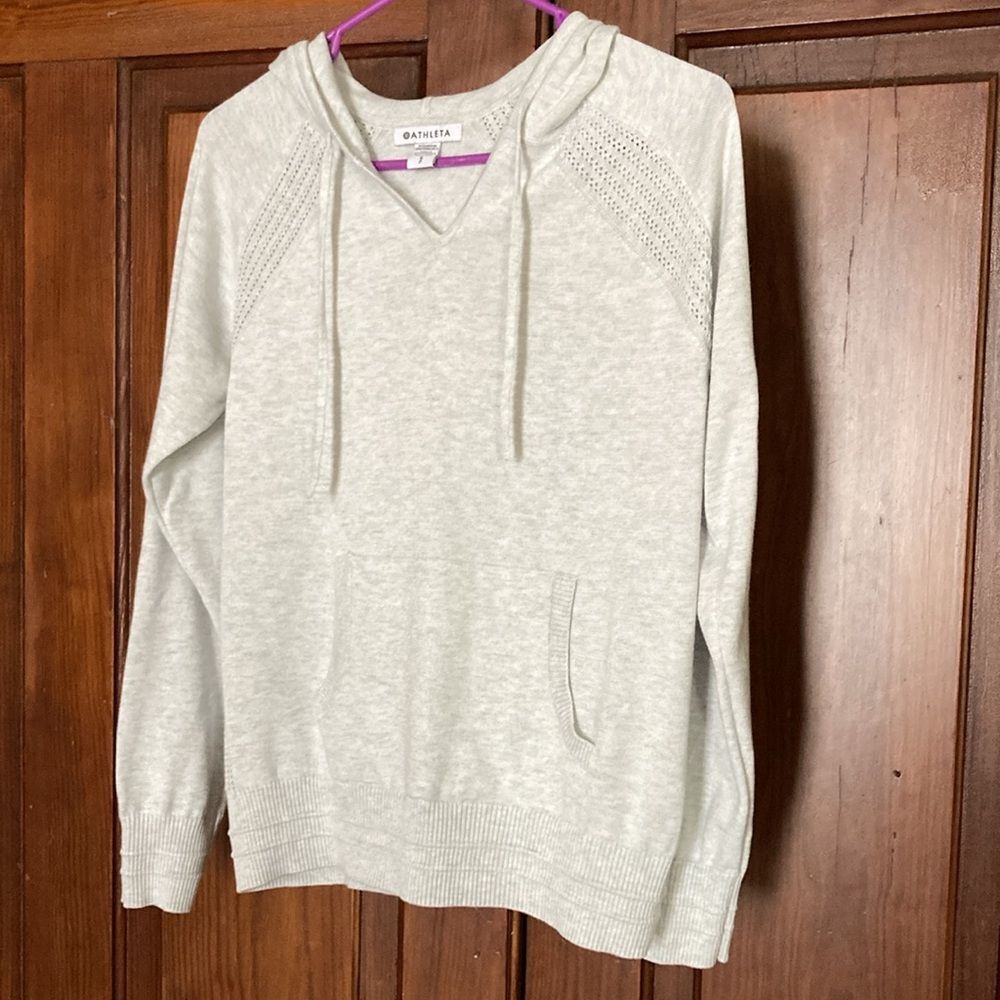 Athleta Evergreen Knit Pocket Heather White Grey Sweater Hoodie Size SP